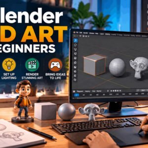 3D art for beginners course preview showing Blender workspace and creative 3D models.
