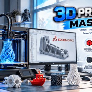 3D printing mastery course image showing 3D model design and printer in action