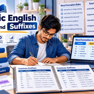 Student studying academic English prefixes and suffixes for IELTS and TOEFL preparation