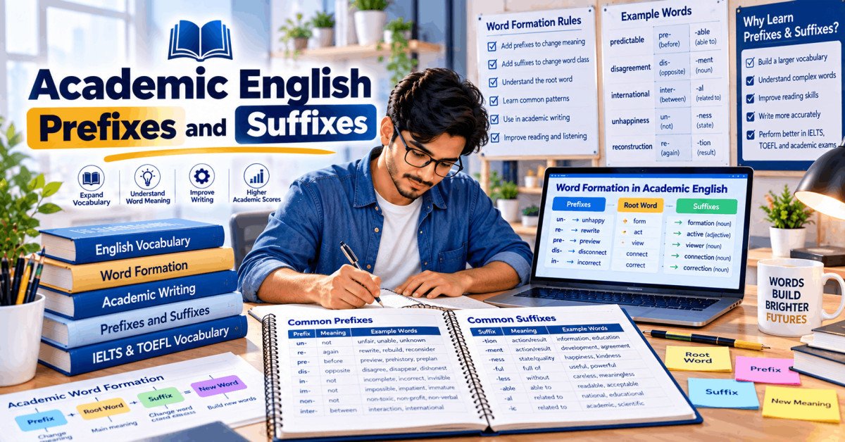 Student studying academic English prefixes and suffixes for IELTS and TOEFL preparation