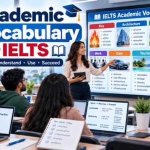 Academic vocabulary for IELTS course illustration showing students learning themed word lists.