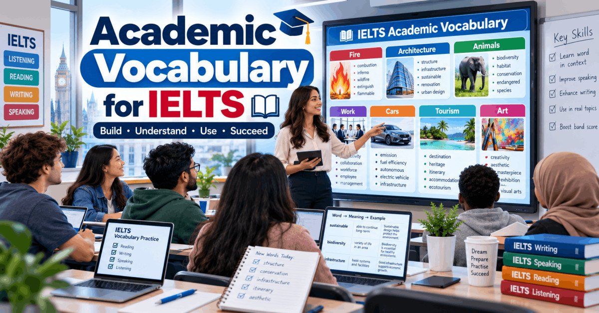 Academic vocabulary for IELTS course illustration showing students learning themed word lists.