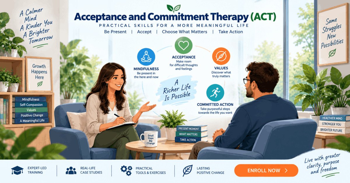 Acceptance and commitment therapy course image showing mindfulness and ACT practices in action.