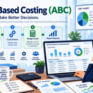 Activity based costing guide illustration showing cost drivers, pools, and reporting flow