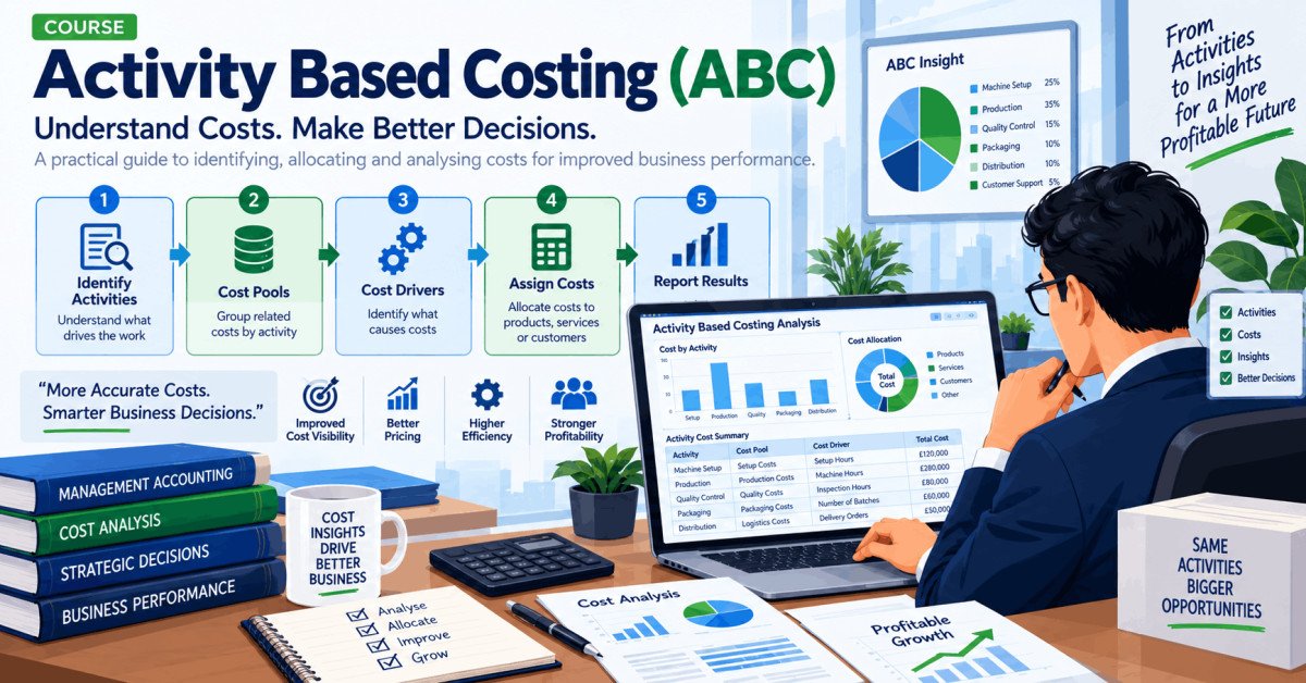 Activity based costing guide illustration showing cost drivers, pools, and reporting flow