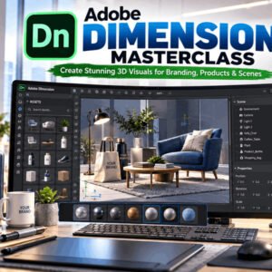 Adobe Dimension tutorial interface showing 3D design workspace with models, lights, and materials.