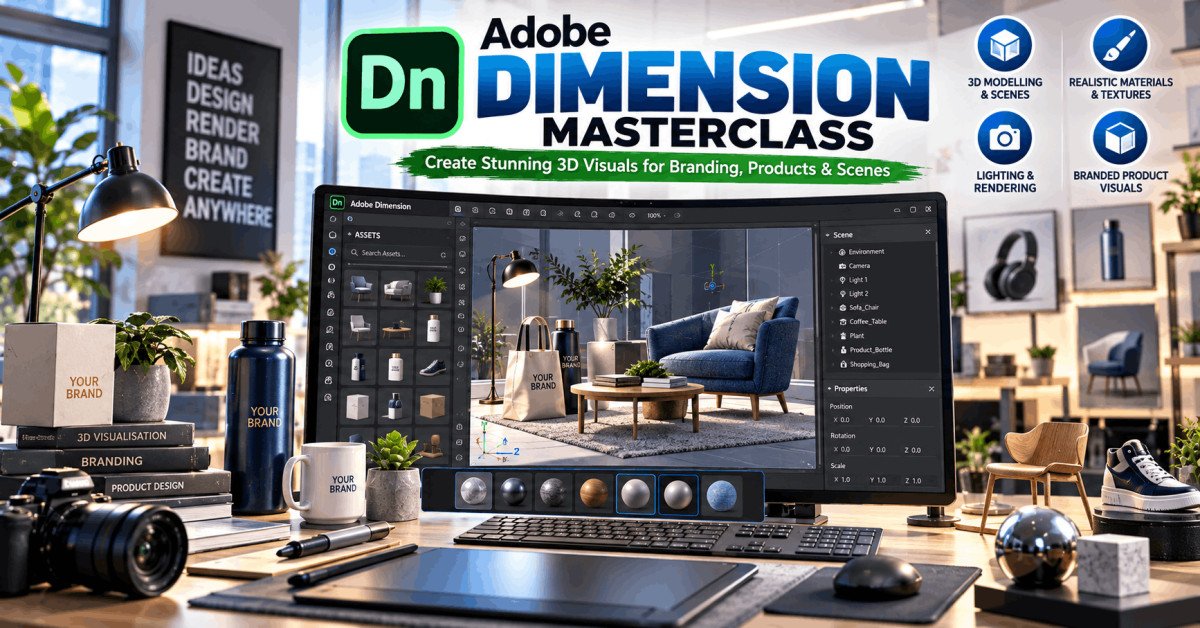 Adobe Dimension tutorial interface showing 3D design workspace with models, lights, and materials.