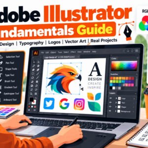 Adobe Illustrator fundamentals course illustration with tools, colours, and typography.