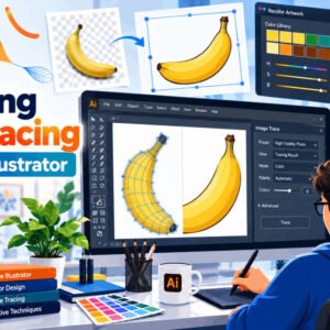 Adobe Illustrator image tracing course poster with creative projects and design tools.
