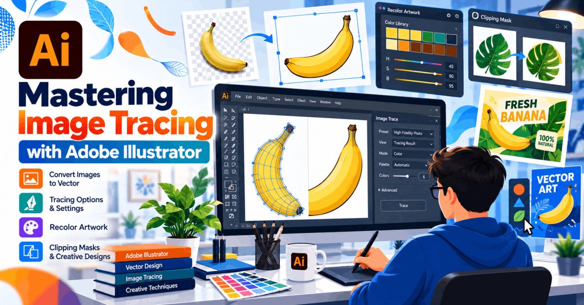 Adobe Illustrator image tracing course poster with creative projects and design tools.