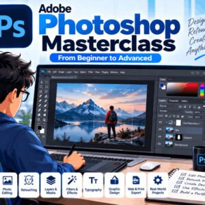 Adobe Photoshop masterclass course illustration with interface, tools, and layers