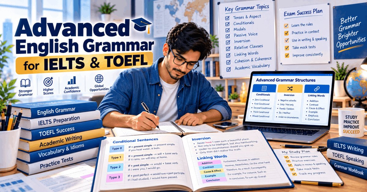 Advanced English grammar course for IELTS and TOEFL with key structures and usage
