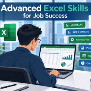 Advanced Excel skills training showing formulas, charts, macros, and real-world job applications in a modern workplace setting.