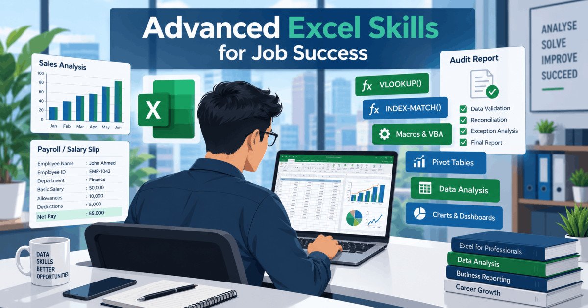 Advanced Excel skills training showing formulas, charts, macros, and real-world job applications in a modern workplace setting.