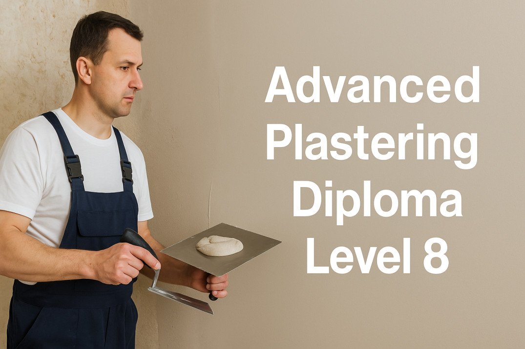 A professional plasterer applying advanced plastering techniques for the Advanced Plastering Diploma Level 8 course.