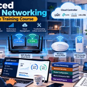 Advanced wireless networking guide showing WiFi router, modem, and access points.
