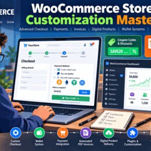 Advanced WooCommerce customization course showing freelancers customizing checkout, invoices, and payments in WordPress.