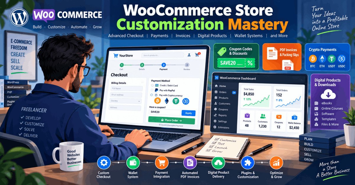 Advanced WooCommerce customization course showing freelancers customizing checkout, invoices, and payments in WordPress.