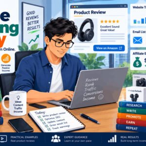 Affiliate marketing mastery course banner showing online entrepreneur reviewing products for passive income growth.