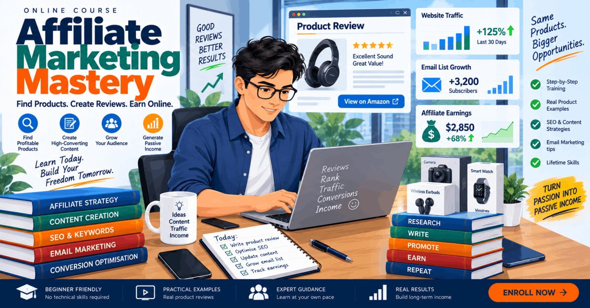 Affiliate marketing mastery course banner showing online entrepreneur reviewing products for passive income growth.