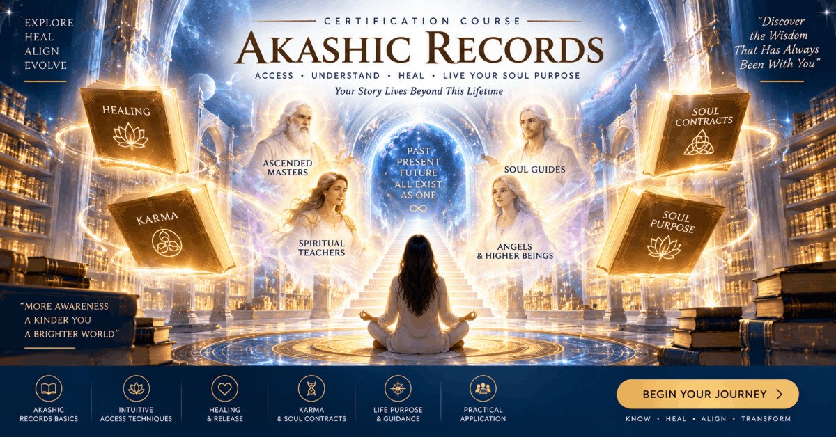 Spiritual Akashic Records certification course with healing, meditation, and soul contract learning visuals