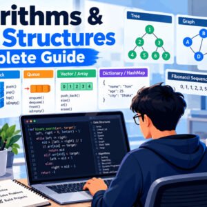 Student learning algorithms and data structures on a laptop with coding charts, stack, vector, and dynamic programming visuals.