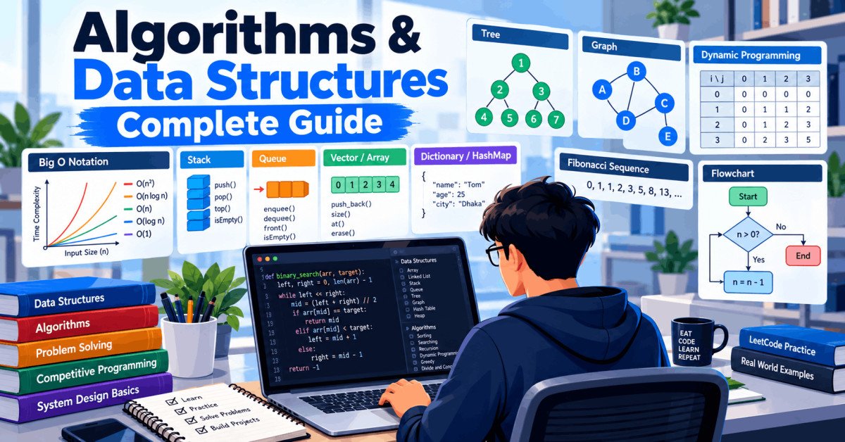 Student learning algorithms and data structures on a laptop with coding charts, stack, vector, and dynamic programming visuals.