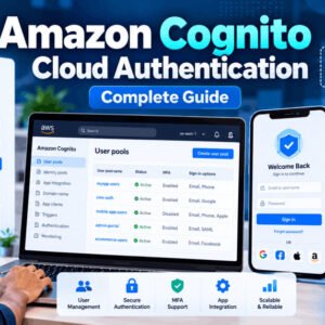 Illustration of AWS Amazon Cognito authentication process with secure login and identity management dashboard.