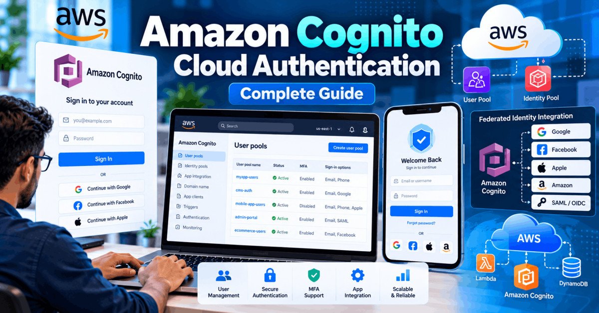 Illustration of AWS Amazon Cognito authentication process with secure login and identity management dashboard.