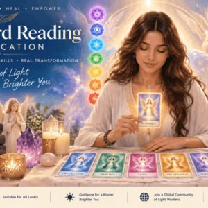 Angel card reading certification course image showing angel cards, meditation, and energy healing tools.