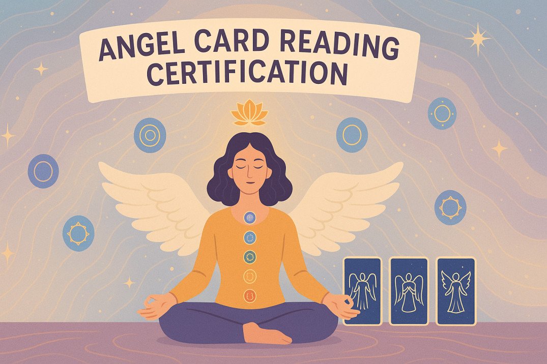 Angel card reading certification course image showing angel cards, meditation, and energy healing tools.