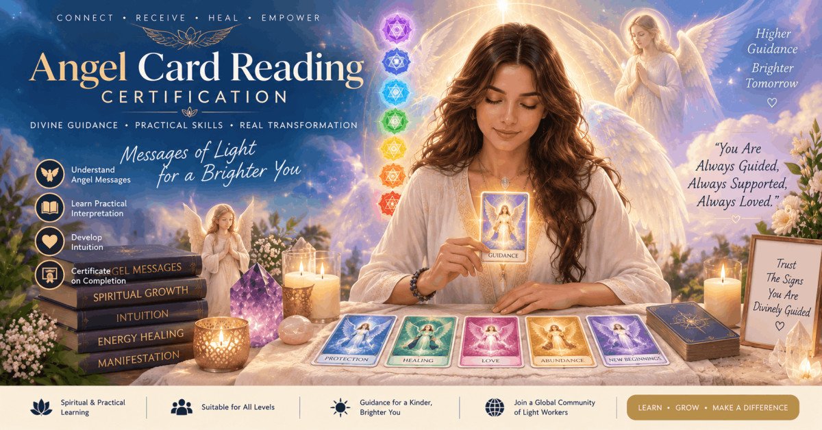 Angel card reading certification course image showing angel cards, meditation, and energy healing tools.