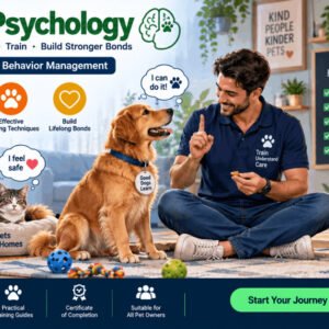 Illustration of animal psychology showing pets and trainer teaching pet behavior techniques.