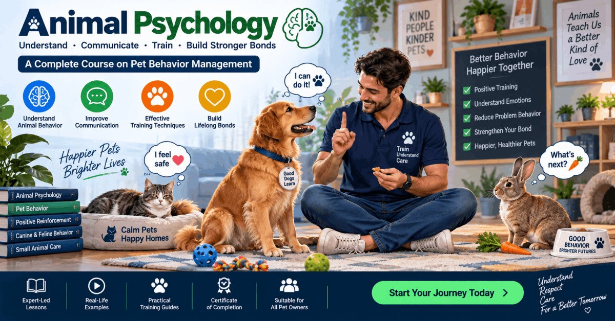 Illustration of animal psychology showing pets and trainer teaching pet behavior techniques.