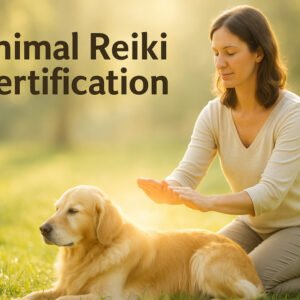 animal reiki certification course showing practitioner giving Reiki to a dog outdoors