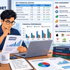 Student analyzing an annual report with charts and graphs, learning annual report analysis techniques.