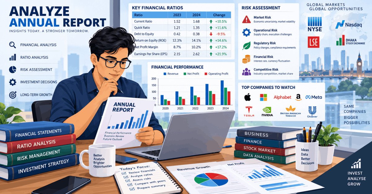 Student analyzing an annual report with charts and graphs, learning annual report analysis techniques.