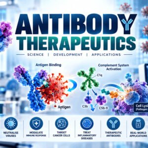 Illustration of antibodies in therapy showing structure, immune binding, and medical applications for antibody therapeutics