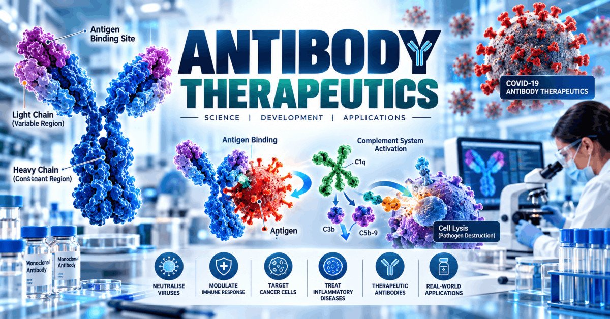 Illustration of antibodies in therapy showing structure, immune binding, and medical applications for antibody therapeutics
