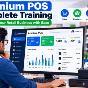 Aronium POS training guide showing dashboard, reports, and sales tools for retail business management.