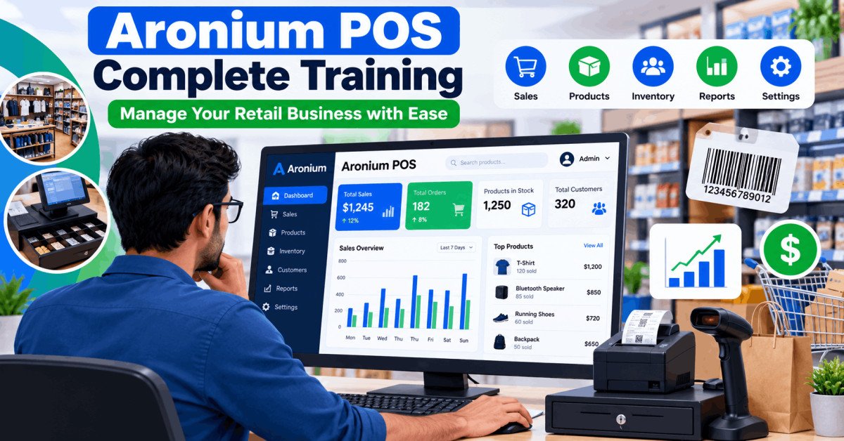 Aronium POS training guide showing dashboard, reports, and sales tools for retail business management.