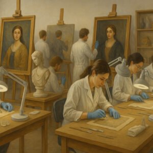 Students practising art conservation techniques during diploma training