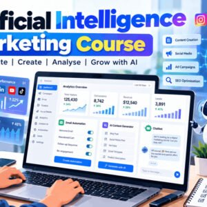 Modern digital marketing setup using artificial intelligence tools to automate and personalise campaigns.