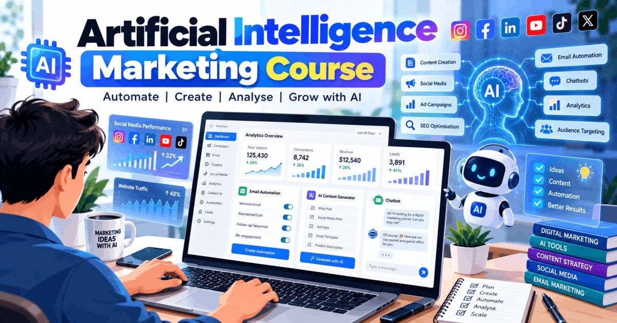 Modern digital marketing setup using artificial intelligence tools to automate and personalise campaigns.