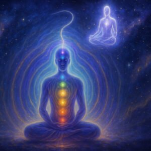 Mystical astral projection training illustration with energy fields, chakras, and cosmic travel scene.