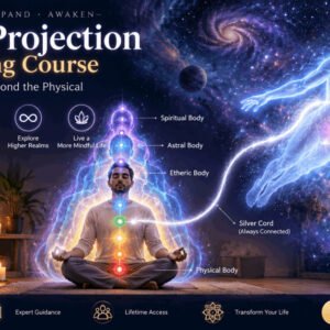 Mystical astral projection training illustration with energy fields, chakras, and cosmic travel scene.