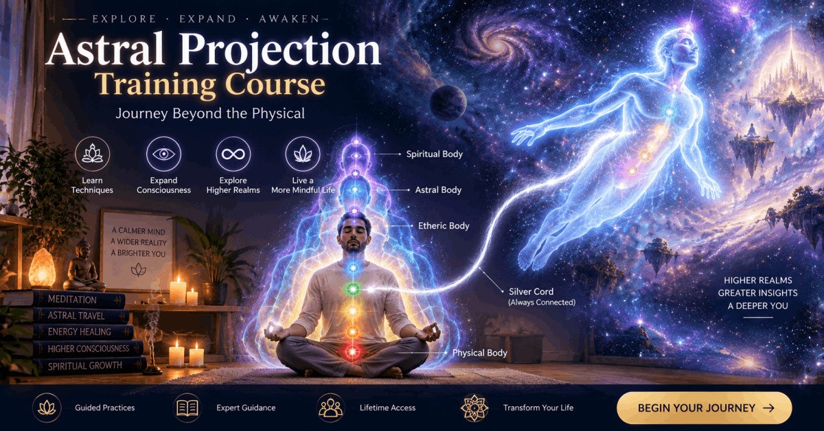 Mystical astral projection training illustration with energy fields, chakras, and cosmic travel scene.