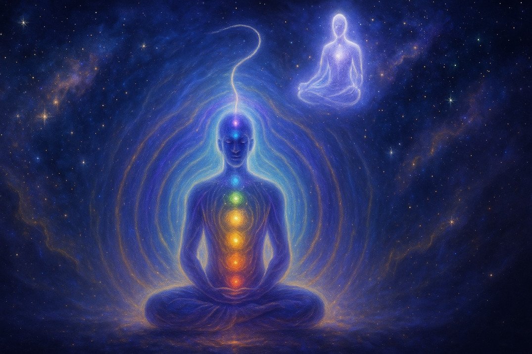 Mystical astral projection training illustration with energy fields, chakras, and cosmic travel scene.