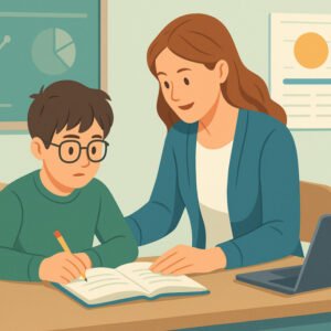 Teacher helping autistic student with autism support strategies in classroom setting