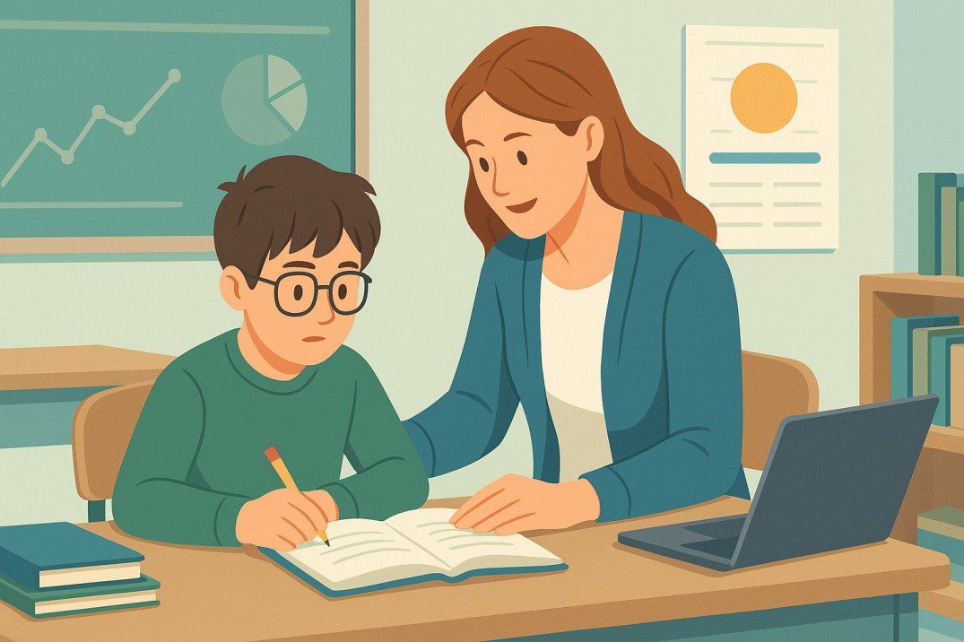Teacher helping autistic student with autism support strategies in classroom setting